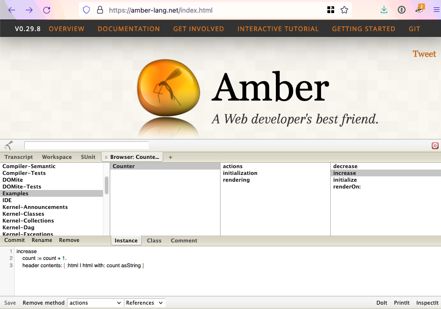 Screenshot of Amber Smalltalk class browser in web browser