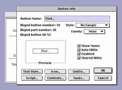 Screenshot of HyperCard button info dialog