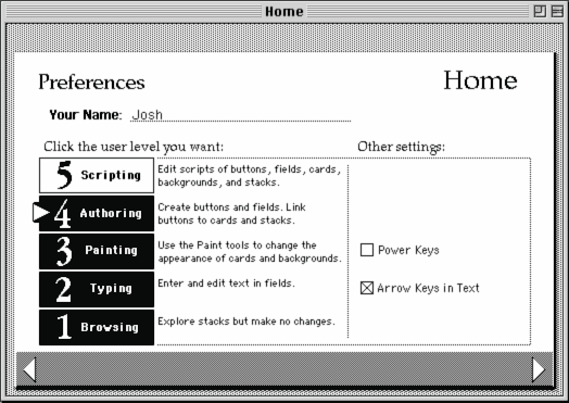 Screenshot of HyperCard user level preferences card