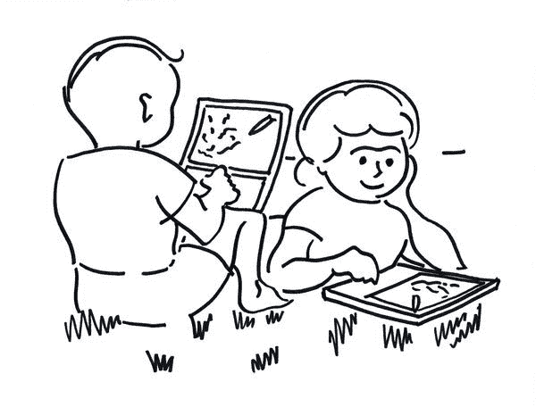 Sketch of children using a Dynabook by Alan Kay