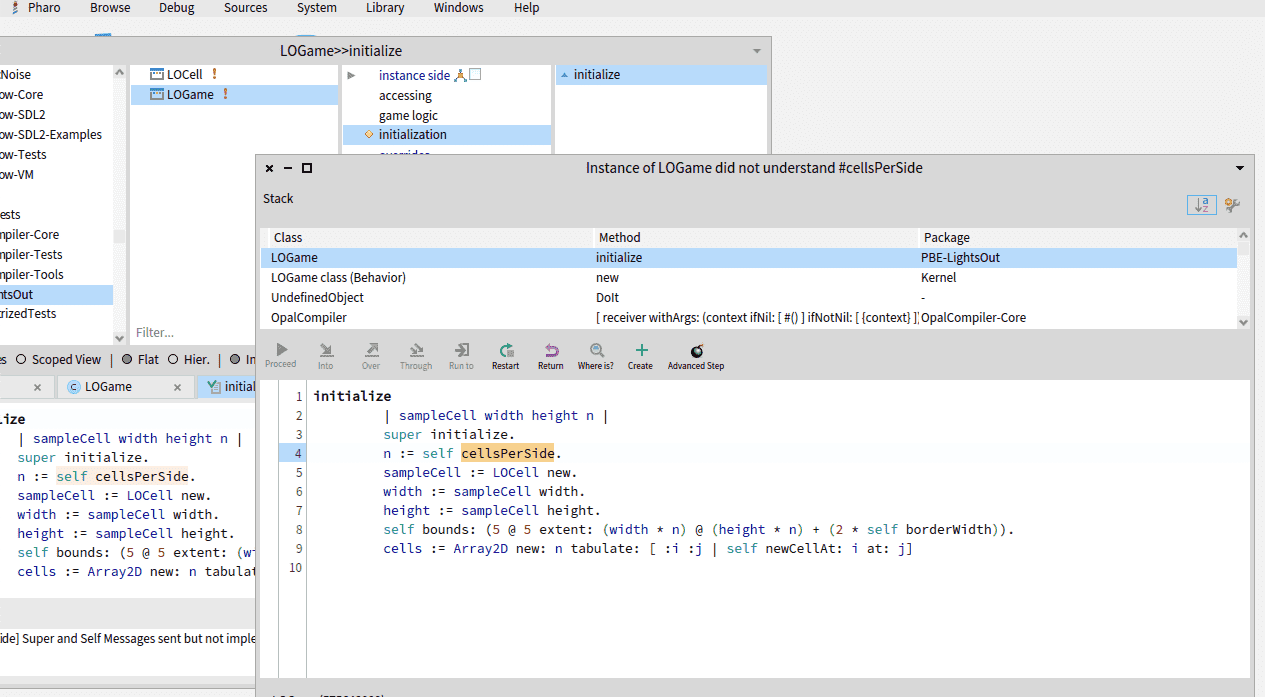 Screenshot of Pharo debugger informing that a method is not implemented